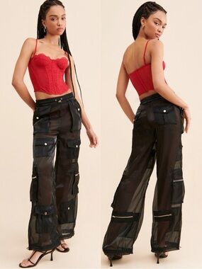 Audette Black Cargo Jogger Sheer Pants XS